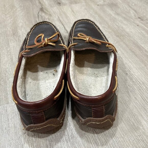 L.L. Bean Men’s Brown Leather Slip On Flannel Lined Handsewn Slippers Size 9 - Picture 4 of 6